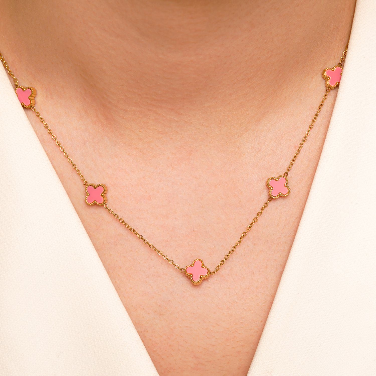 گردنبند استیل304 (Van cleef) ون کلیف صورتی 9 میل طلایی