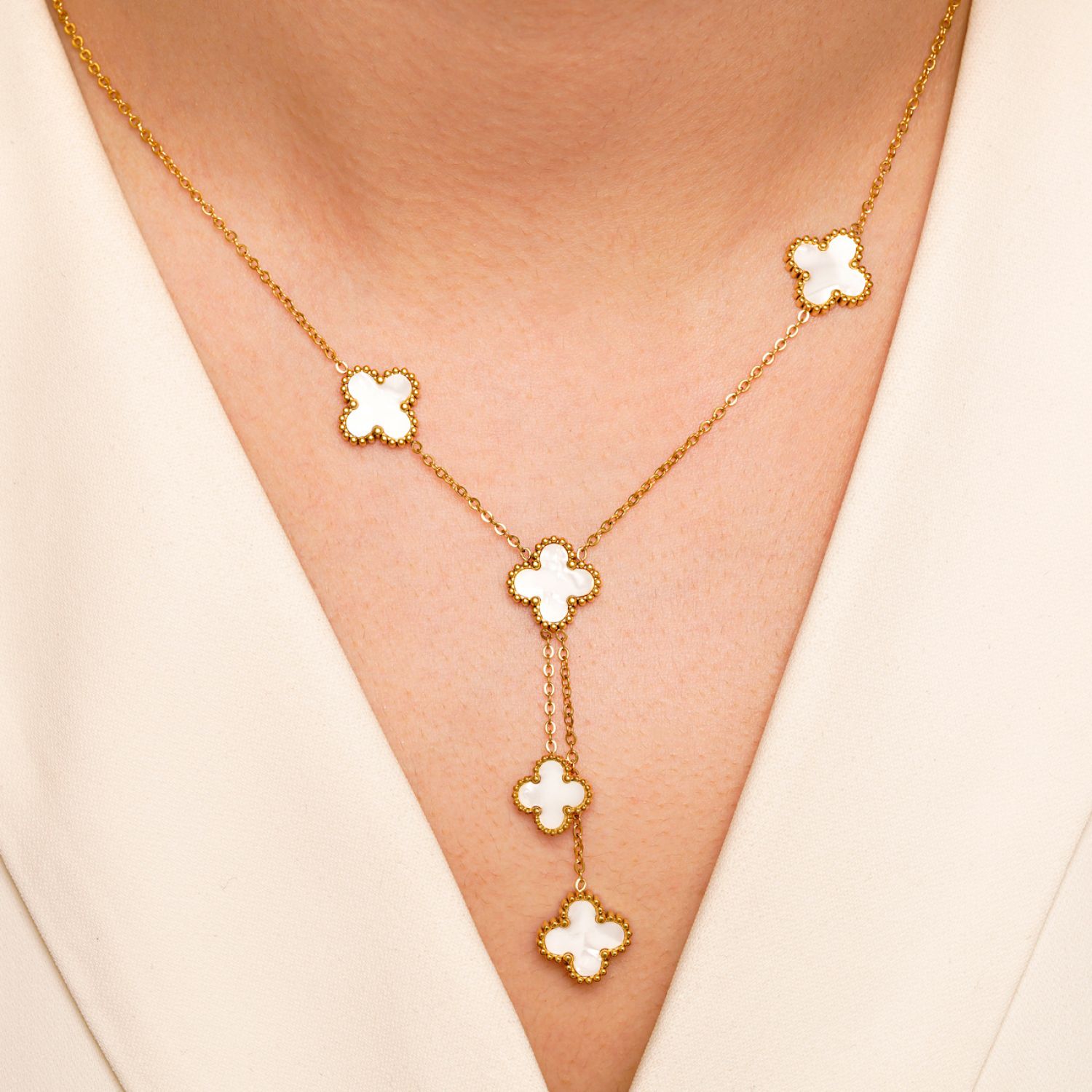 گردنبند استیل304 (Van cleef) ون کلیف سفید آویزدار طلایی