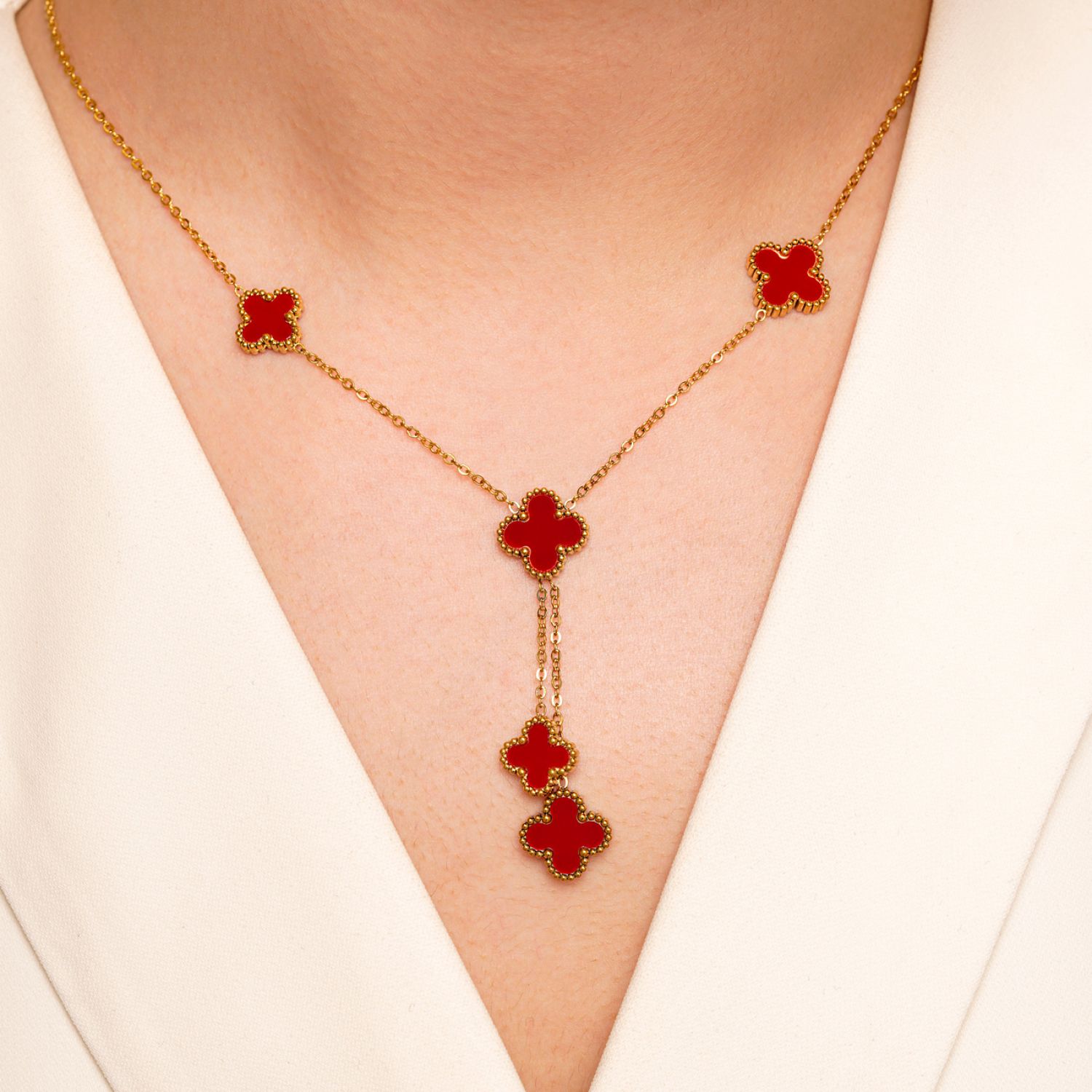 گردنبند استیل304 (Van cleef) ون کلیف قرمز آویزدار طلایی