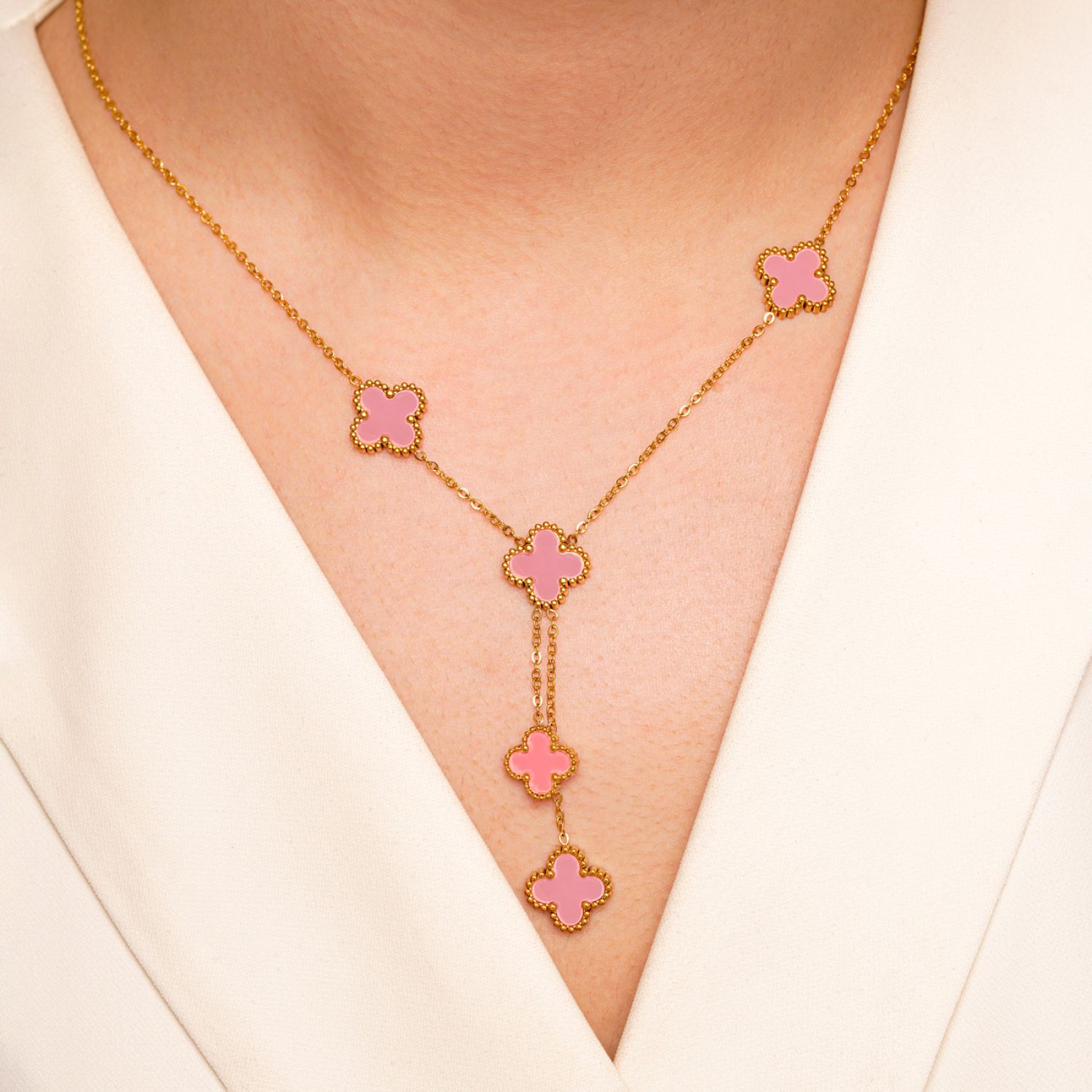 گردنبند استیل 304 (Van cleef) ون کلیف صورتی آویزدار طلایی