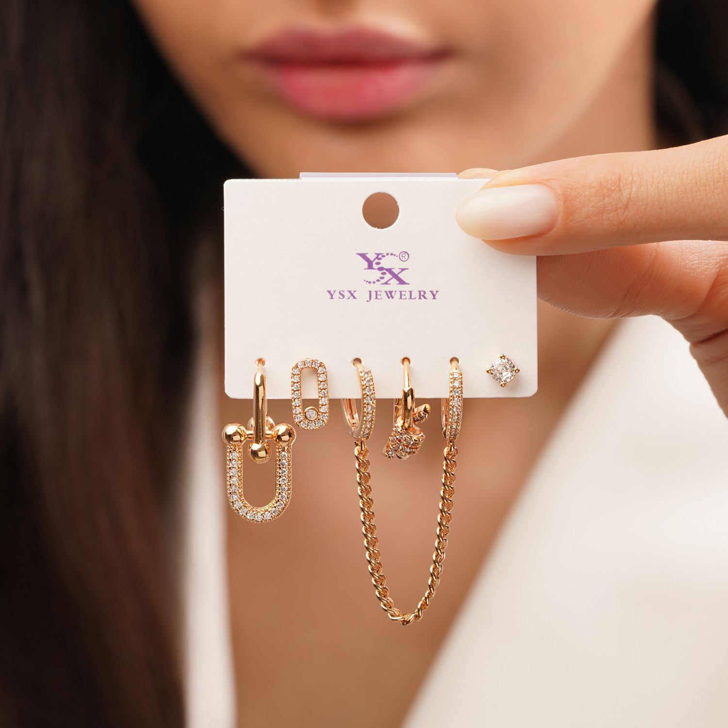 گوشواره نگین دار حلقه ای 6عددی طلایی YSX