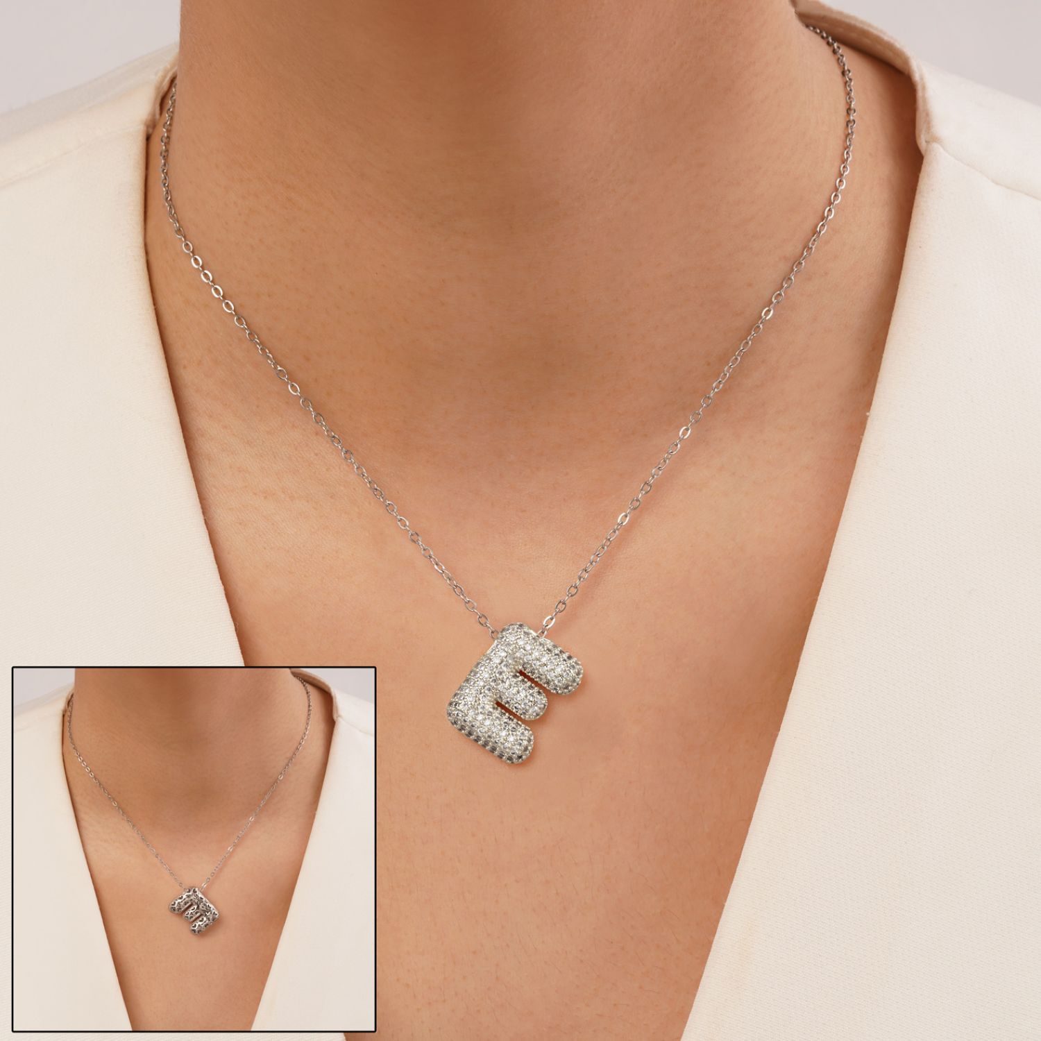 گردنبند رادیوم پلاک دار حروف E سفید