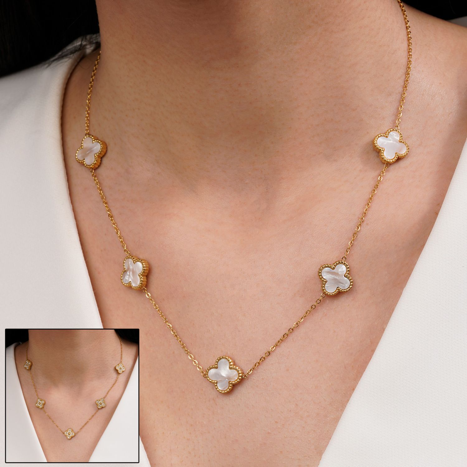 گردنبند استیل304 ونکلیف 13میل نگین دار سفید طلایی