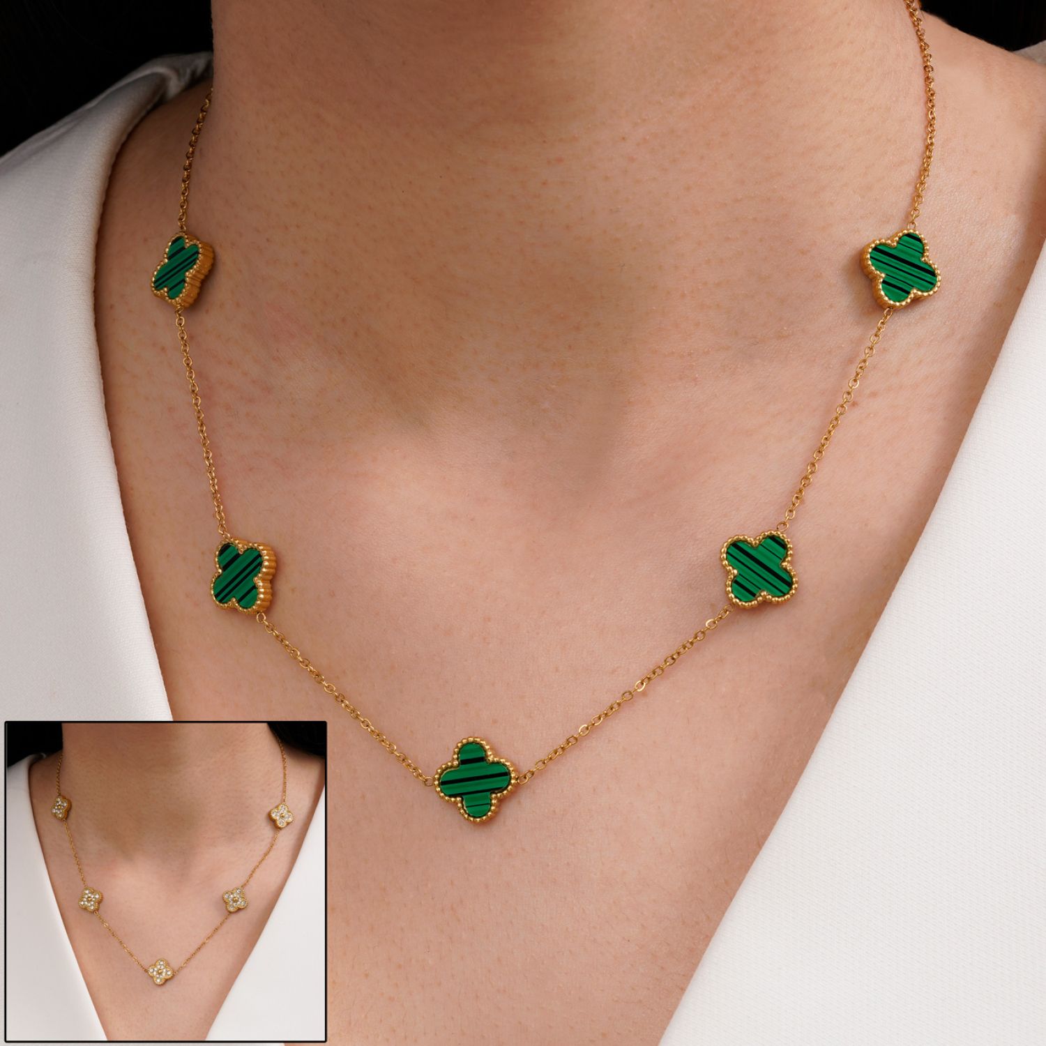 گردنبند ونکلیف نگین دار سبز طلایی استیل 304