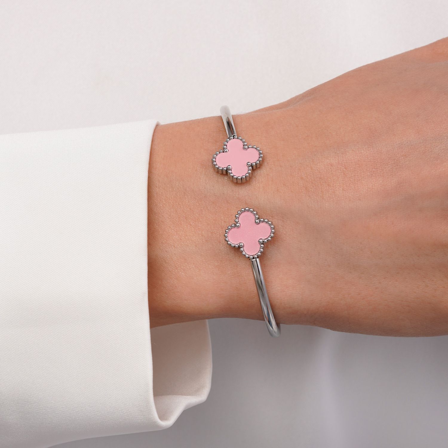 دستبند النگویی استیل 304 ونکلیف صورتی سفید(فری سایز)