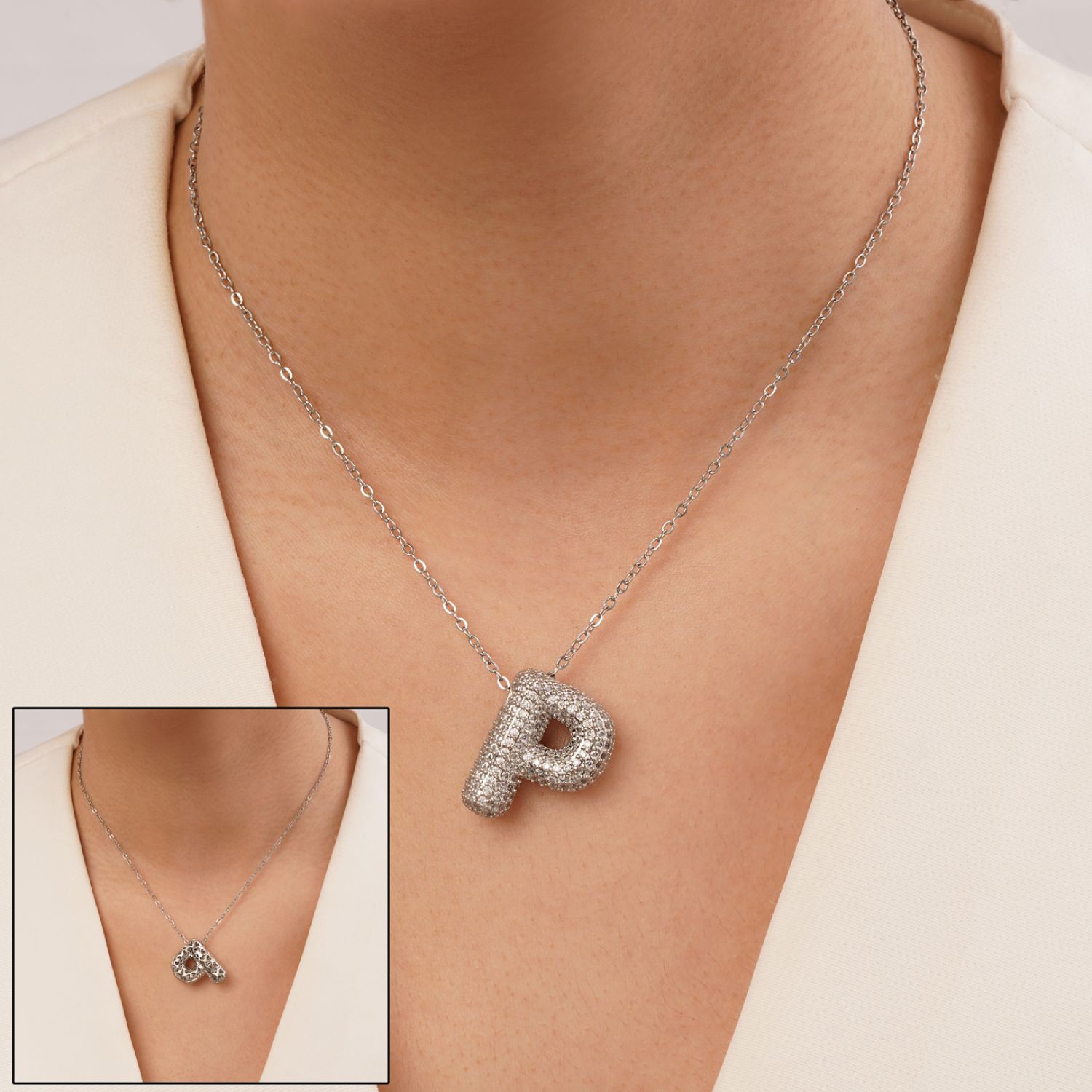 گردنبند رادیوم پلاک دار حروف P سفید