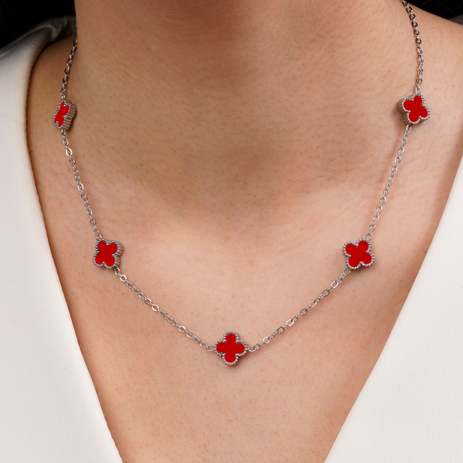 گردنبند استیل304 ونکلیف قرمز 11میل سفید