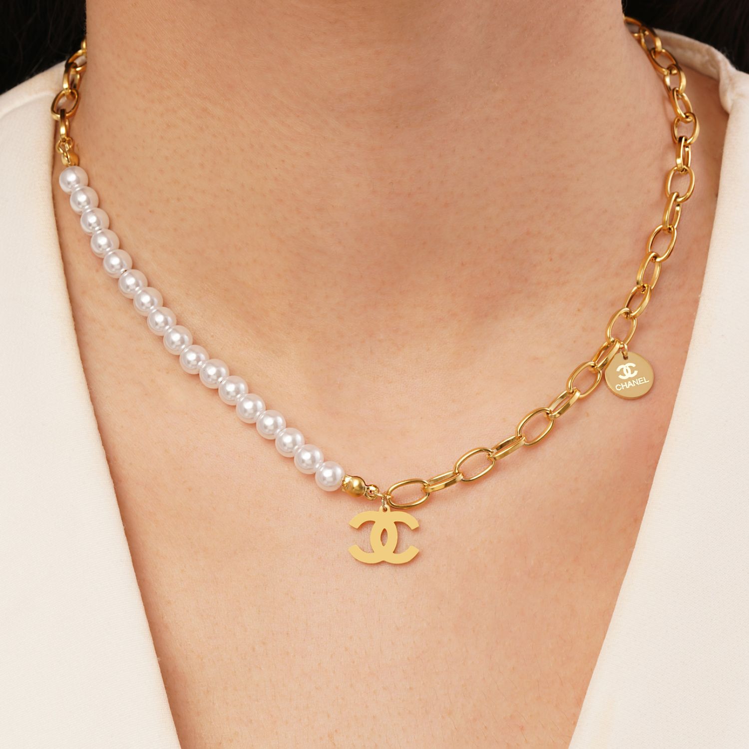 گردنبند استیل 304 شنل مرواریدی طلایی